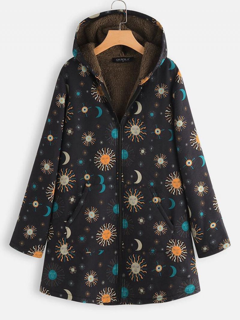 Casual Solor System Print Pockets Long Sleeve Plus Fleece Coats