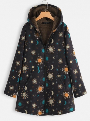 Casual Solor System Print Pockets Long Sleeve Plus Fleece Coats