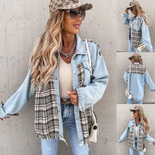 Denim Stitching Plaid Coat Loose Top Femmes