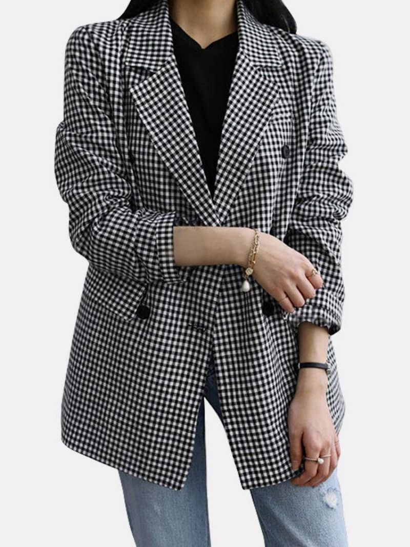 Femmes Plaid Casual Full Sleeve Genou Longueur Rétro Business Costumes Sans Doublure