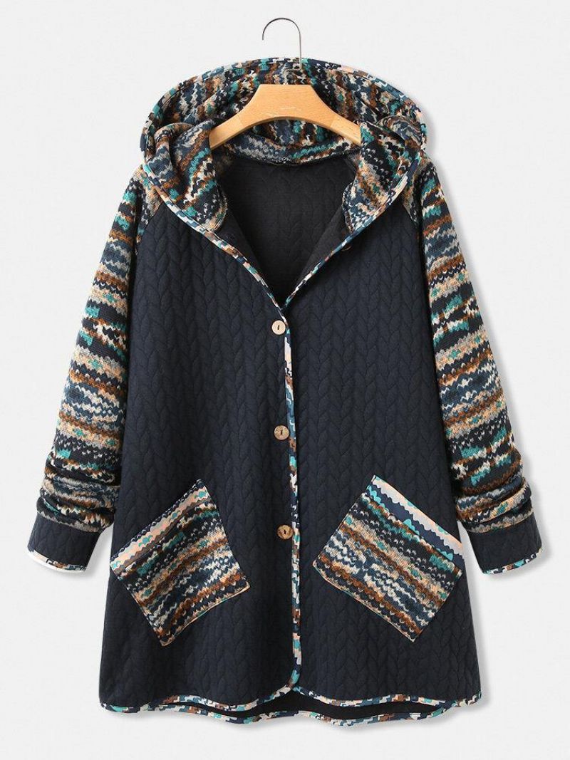 Manteau À Capuche Patchwork Imprimé Motif Ethnique Vintage Femme Avec Poche