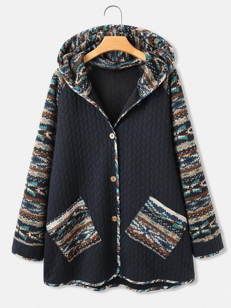 Manteau À Capuche Patchwork Imprimé Motif Ethnique Vintage Femme Avec Poche