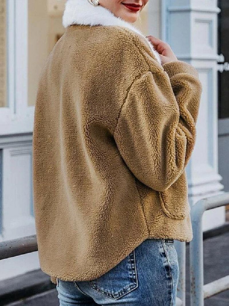 Manteau Chaud À Col Borg En Peluche De Couleur Unie Pour Femme Avec Poche