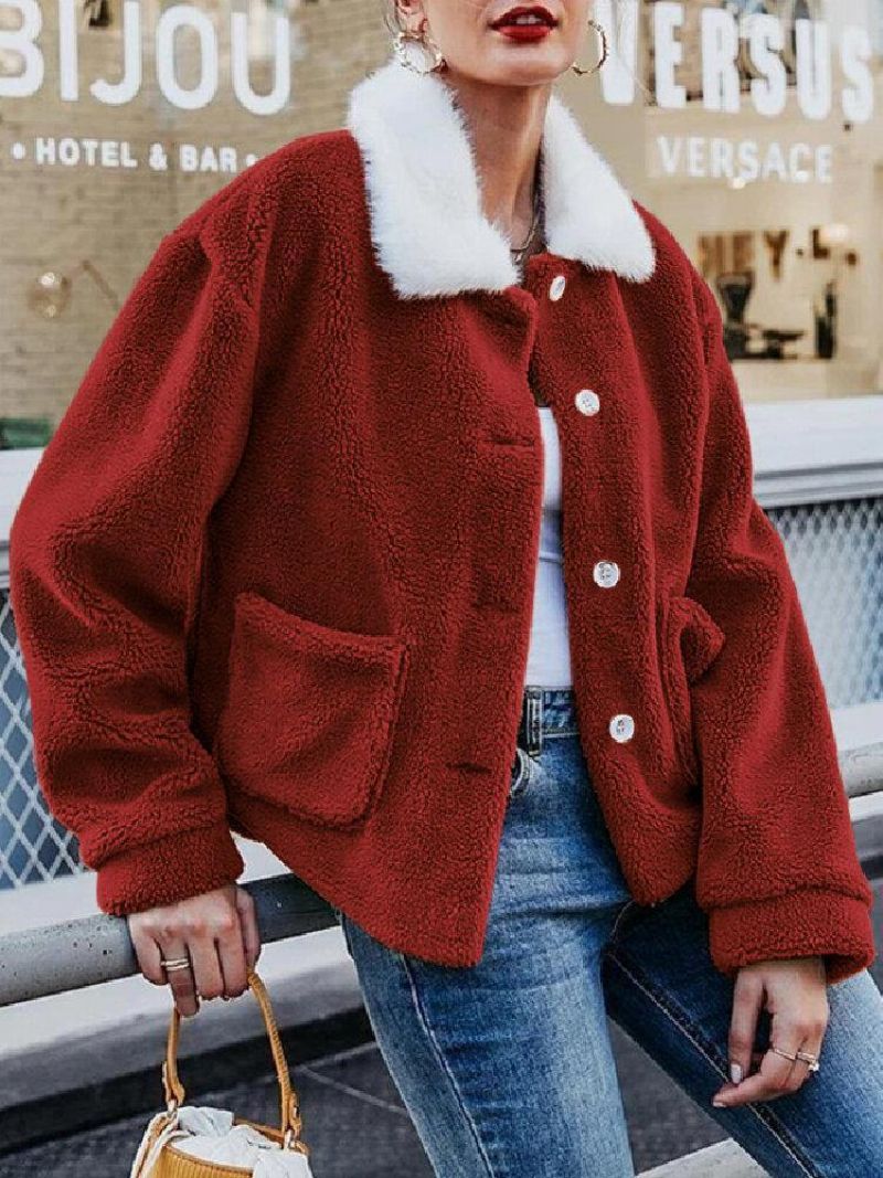 Manteau Chaud À Col Borg En Peluche De Couleur Unie Pour Femme Avec Poche