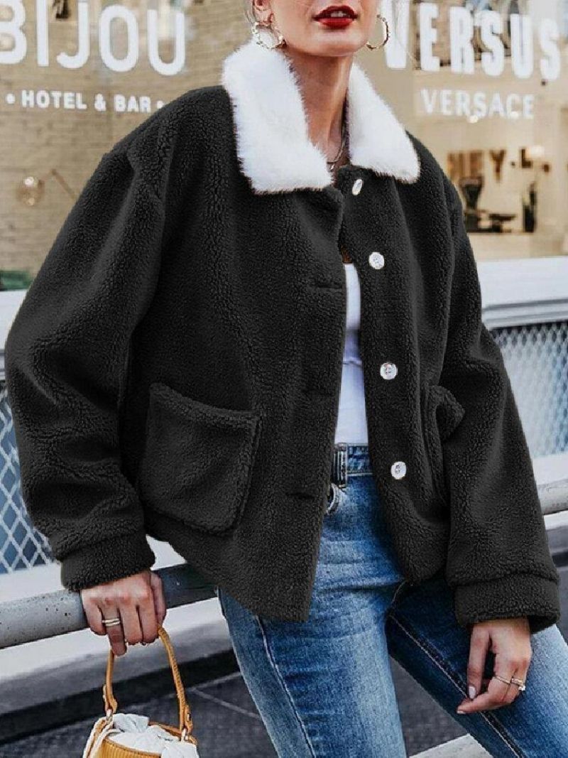 Manteau Chaud À Col Borg En Peluche De Couleur Unie Pour Femme Avec Poche