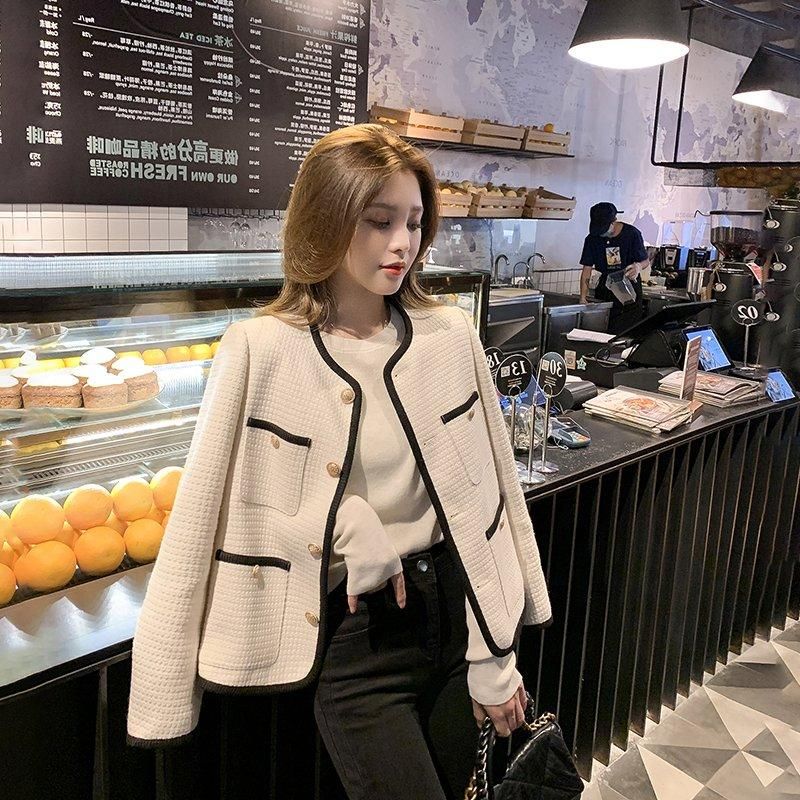 Manteau Court Gaufre Tempérament Bouton À La Mode Petite Femme Chemisier