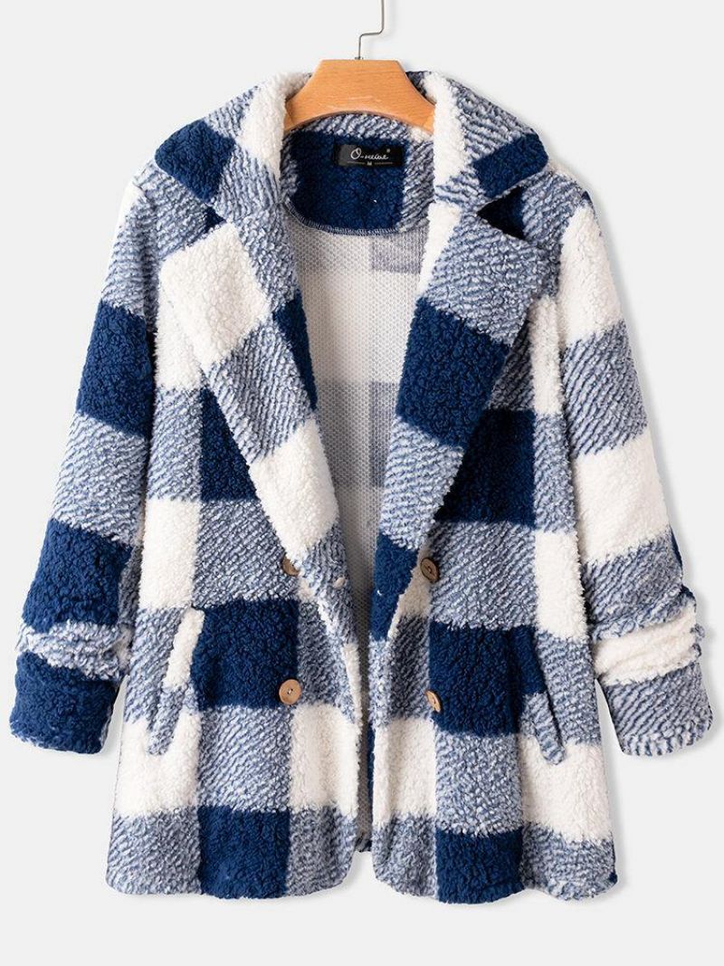 Manteau À Double Boutonnage En Peluche Moelleux Chaud À Carreaux Pour Femmes Avec Poche