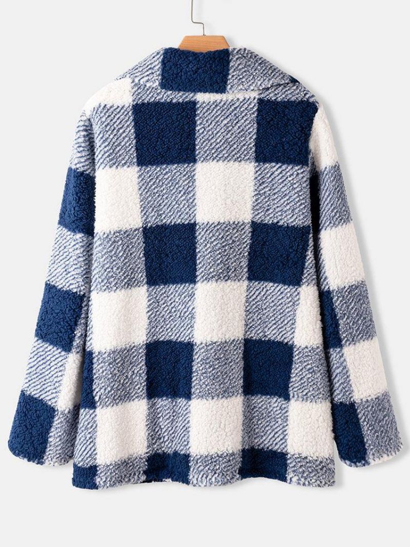 Manteau À Double Boutonnage En Peluche Moelleux Chaud À Carreaux Pour Femmes Avec Poche