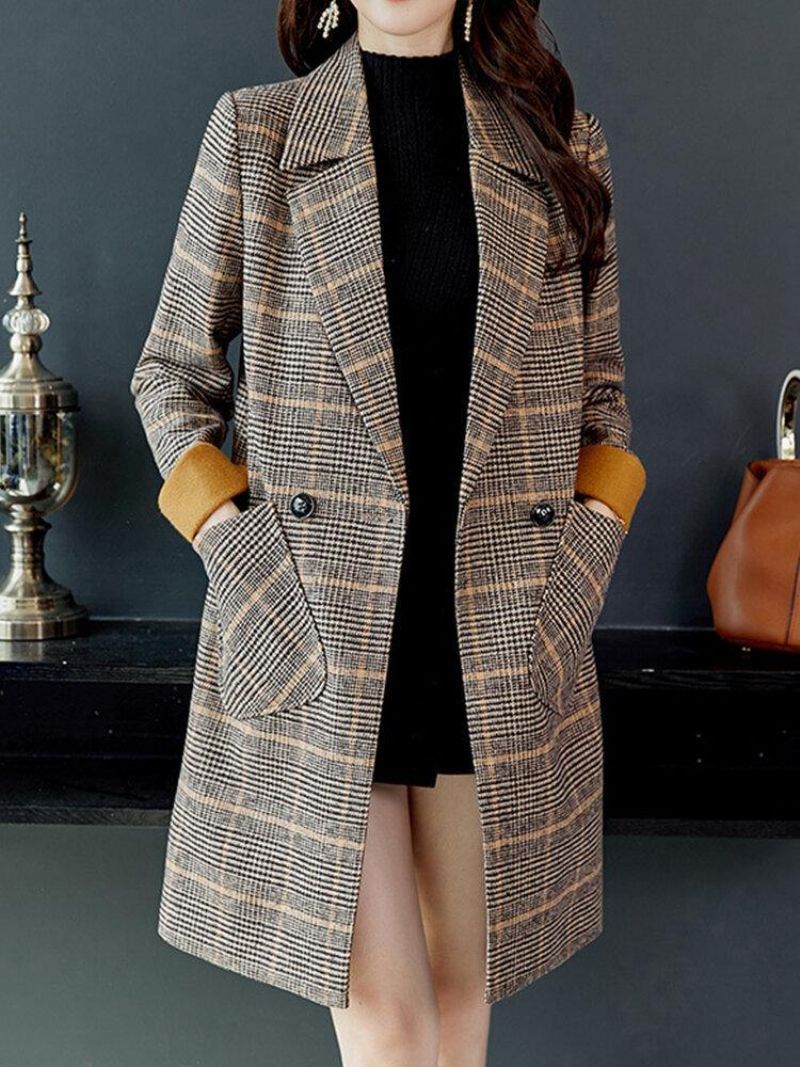 Manteau À Manches Longues À Carreaux Classiques Pour Femmes Avec Poche