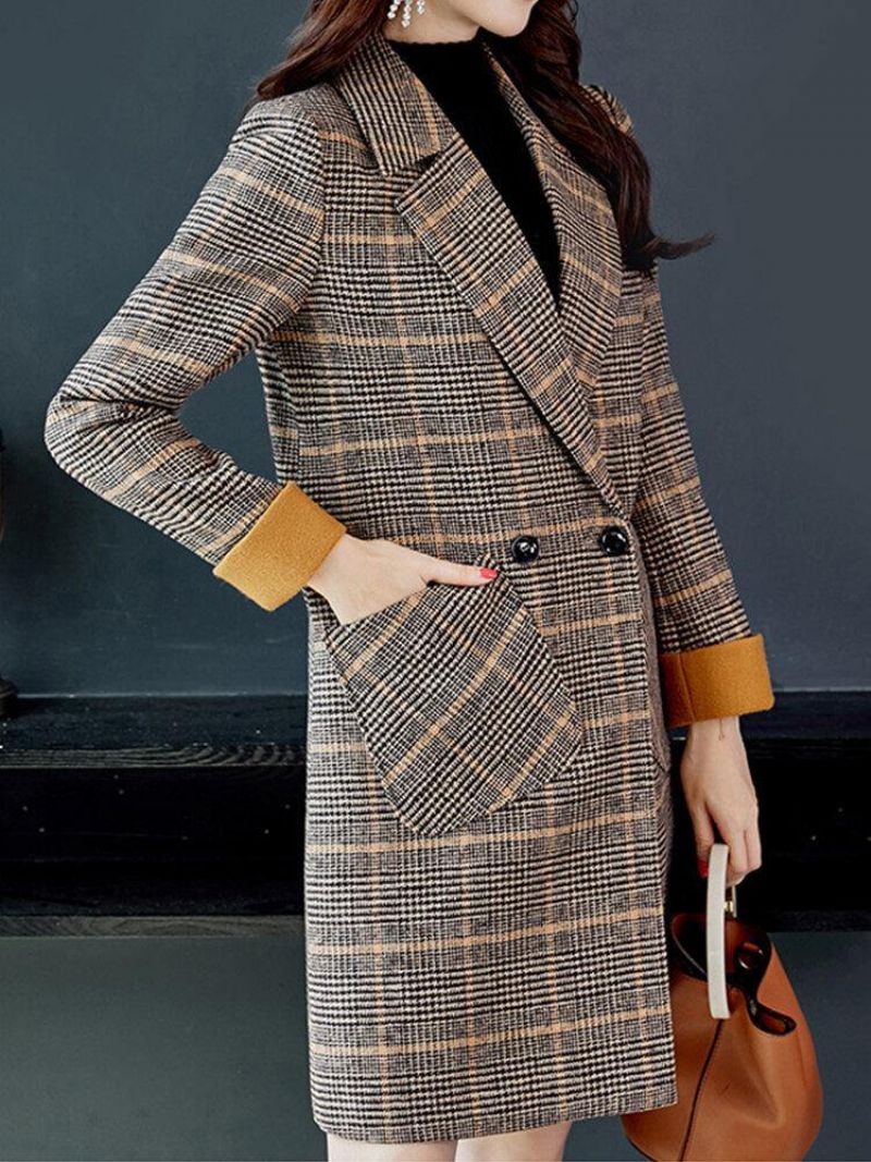 Manteau À Manches Longues À Carreaux Classiques Pour Femmes Avec Poche