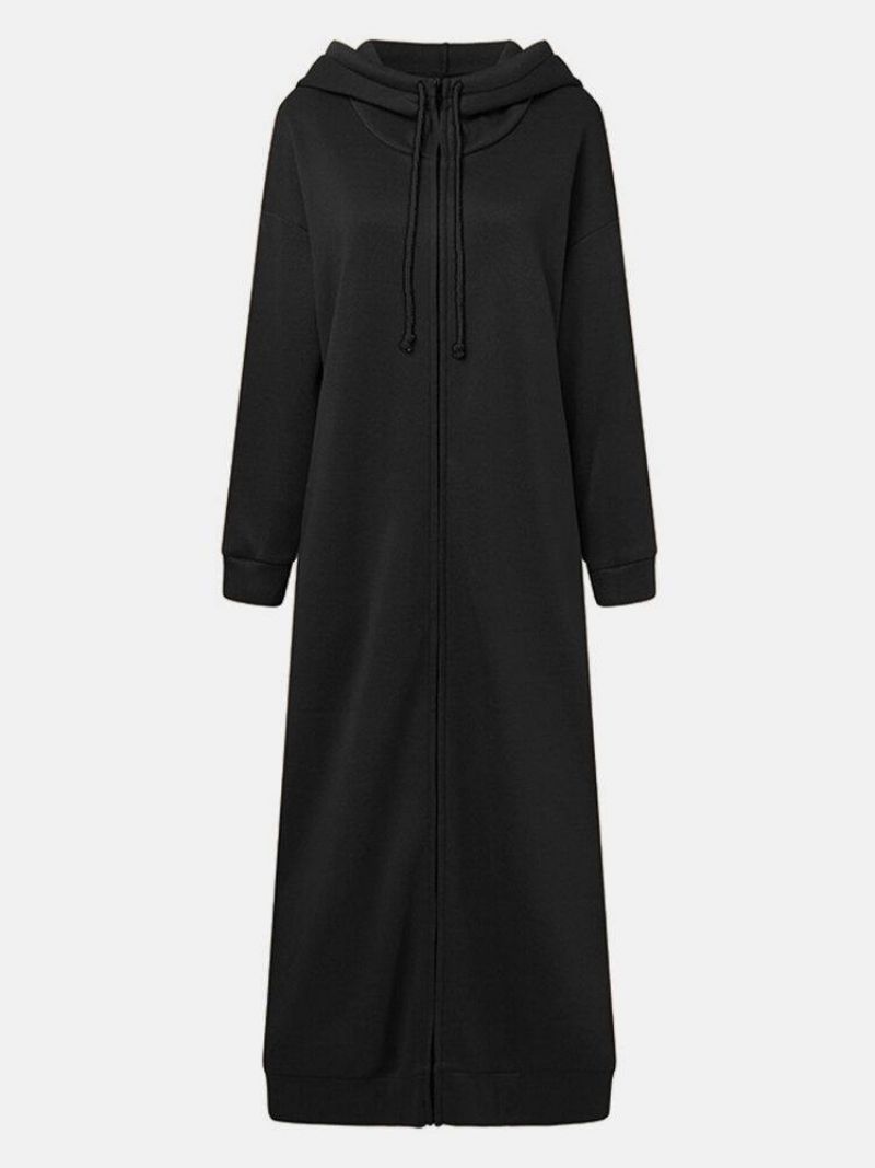 Veste À Capuche Longue À Fermeture Éclair Pour Femmes Avec Poches Latérales