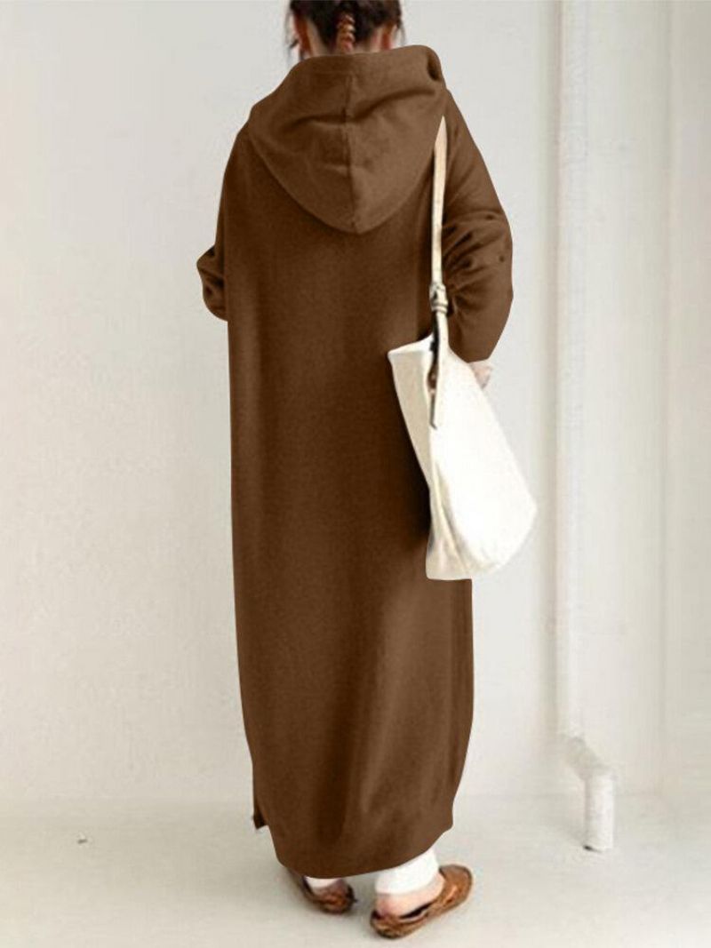 Veste À Capuche Longue À Fermeture Éclair Pour Femmes Avec Poches Latérales