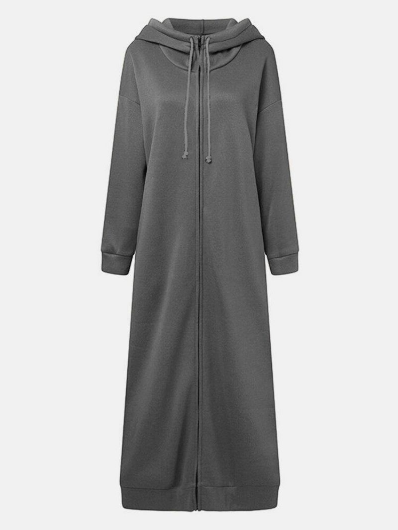 Veste À Capuche Longue À Fermeture Éclair Pour Femmes Avec Poches Latérales