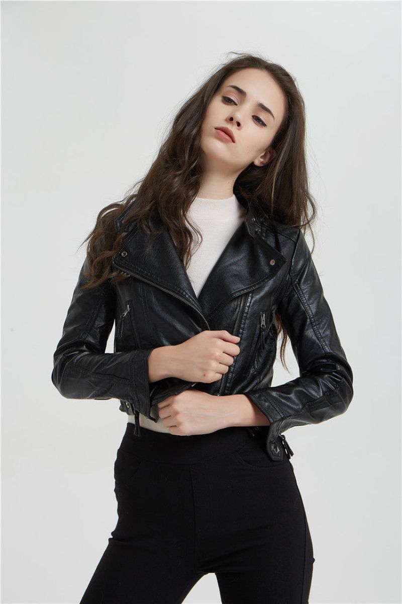 Veste Courte Femme Mode Avec Cuir Lavé Et Rivets