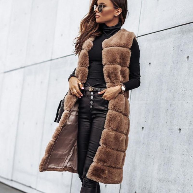 Veste Gilet Long Col Rond En Fourrure