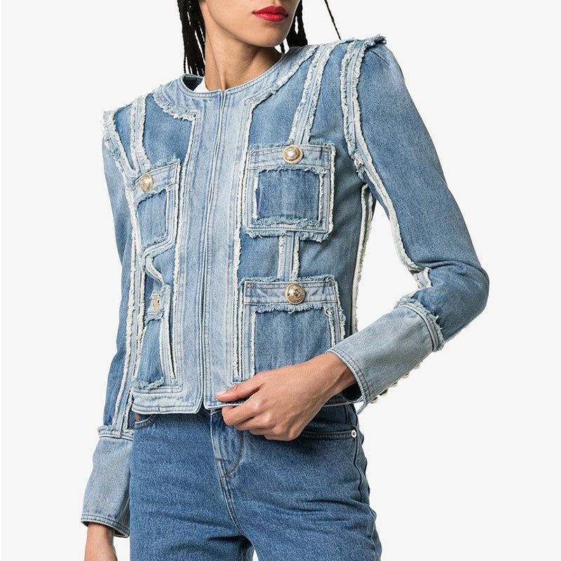 Veste En Jean Avec Boucle À Tête De Lion Surpiquée À Franges