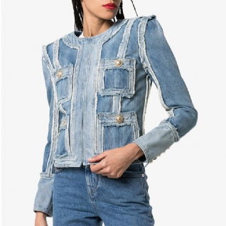 Veste En Jean Avec Boucle À Tête De Lion Surpiquée À Franges