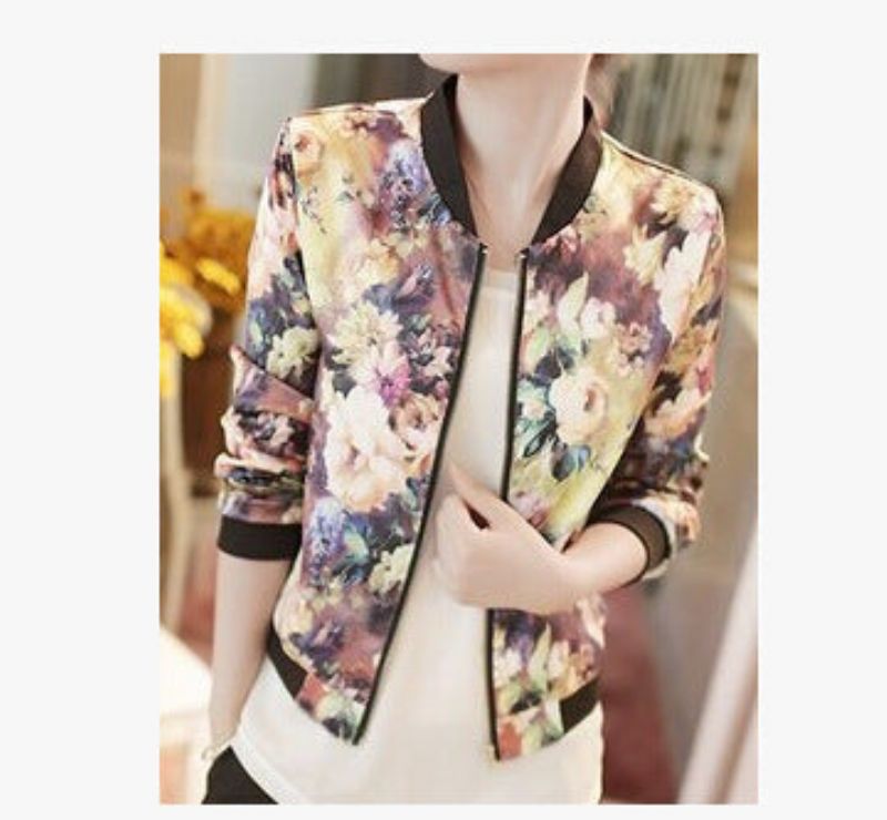 Veste À La Mode Sauvage Floral Fermeture Éclair Col Montant À Manches Longues Veste Courte Femmes