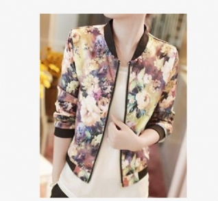 Veste À La Mode Sauvage Floral Fermeture Éclair Col Montant À Manches Longues Veste Courte Femmes