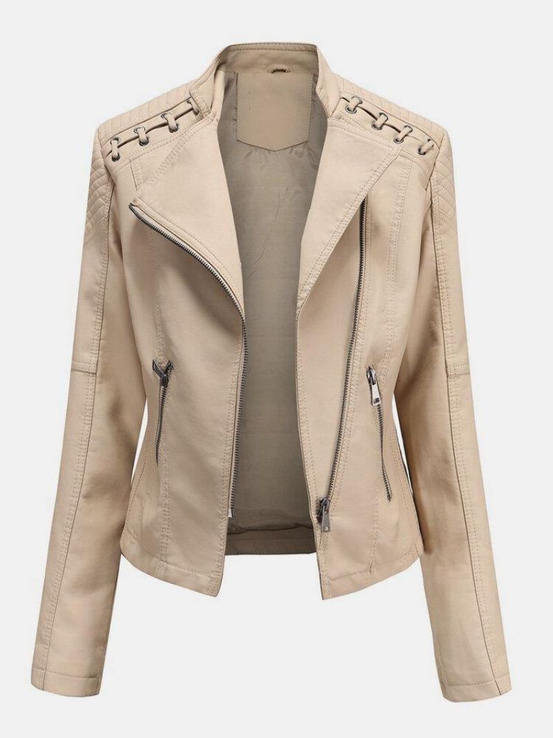 Veste De Moto Couleur Unie En Faux Cuir Pu Pour Femmes