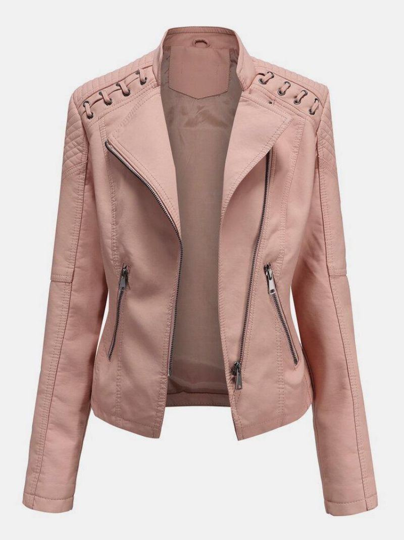 Veste De Moto Couleur Unie En Faux Cuir Pu Pour Femmes