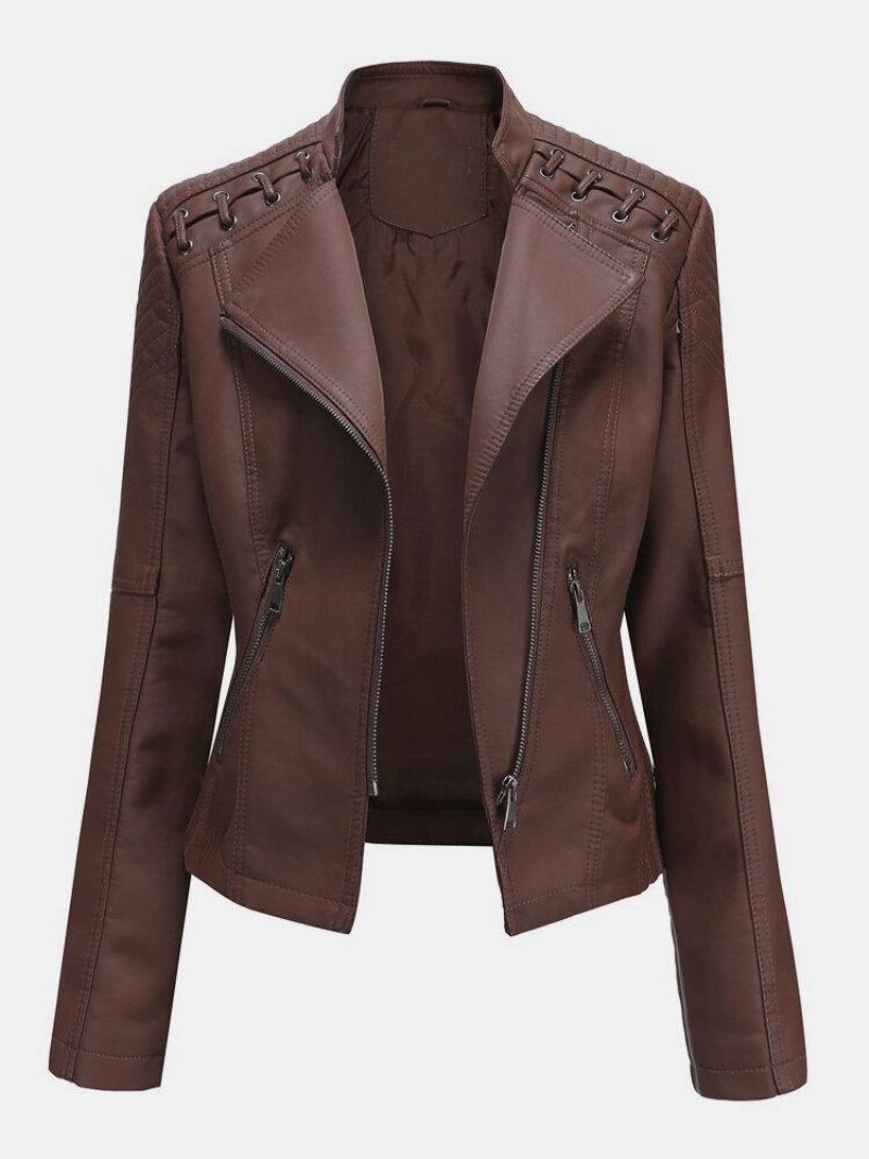 Veste De Moto Couleur Unie En Faux Cuir Pu Pour Femmes