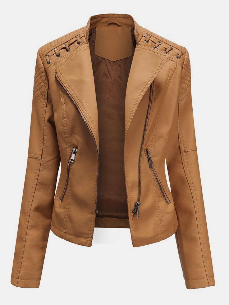 Veste De Moto Couleur Unie En Faux Cuir Pu Pour Femmes