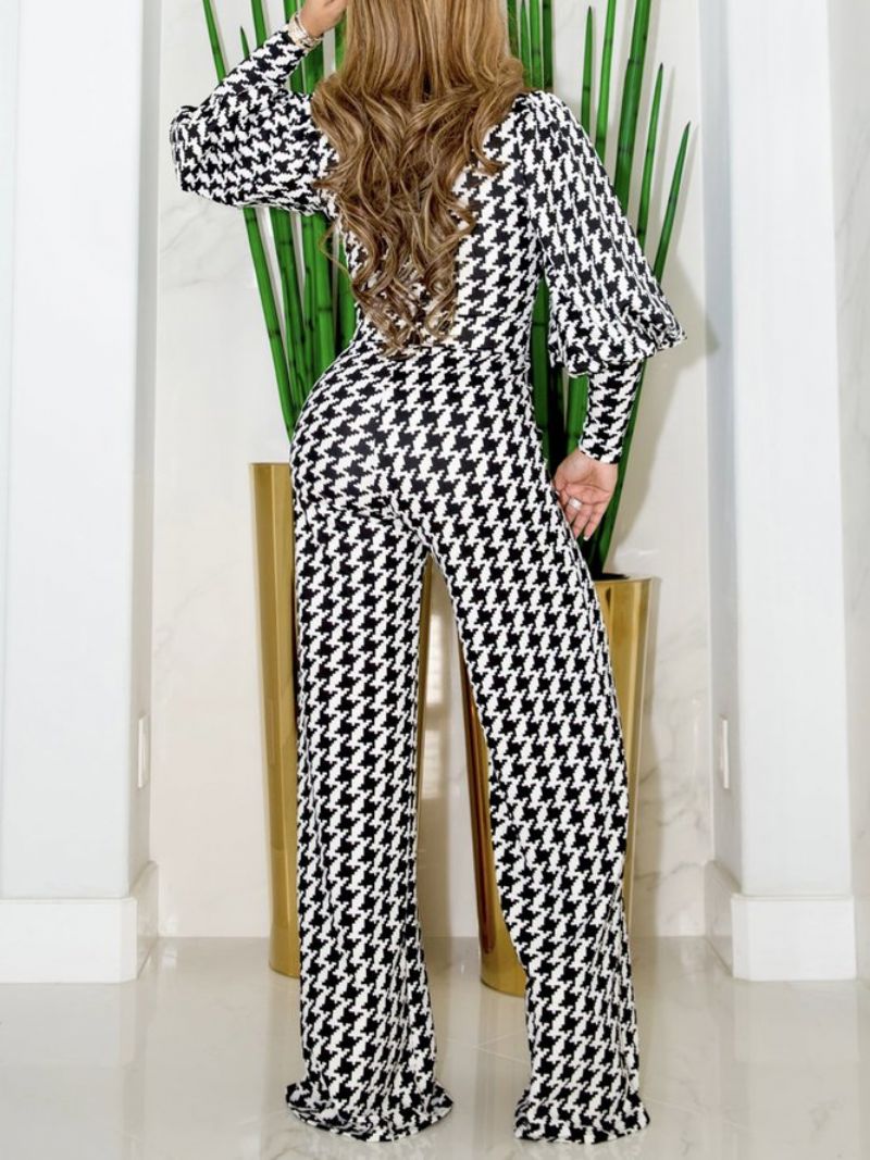 Urban Lantern Sleeve Houndstooth Half Open Collar Jumpsuit