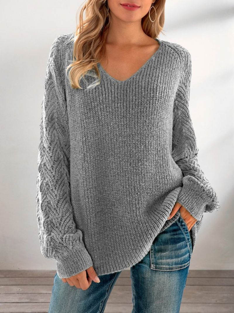 Pull En Maille À Manches Longues Et Col En V Gris