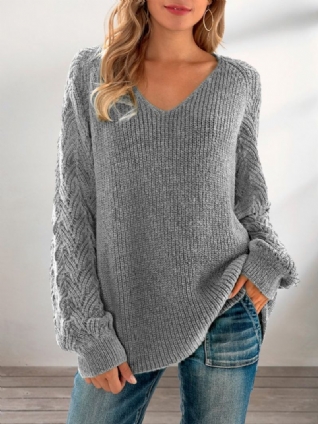 Pull En Maille À Manches Longues Et Col En V Gris