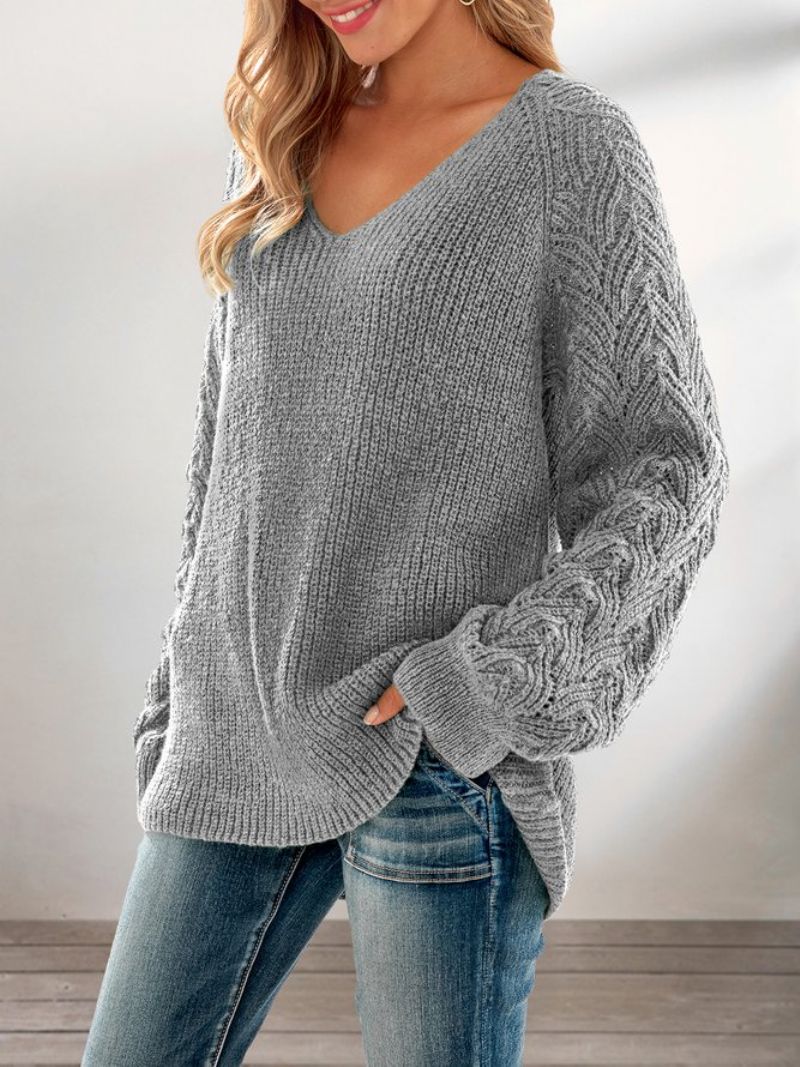 Pull En Maille À Manches Longues Et Col En V Gris