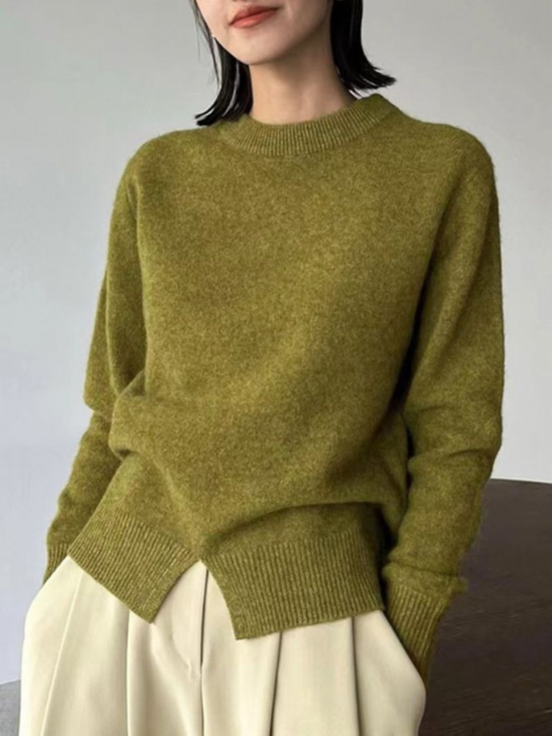 Pull Vert À Manches Longues Uni Simple Coupe Régulière