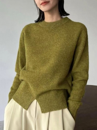 Pull Vert À Manches Longues Uni Simple Coupe Régulière