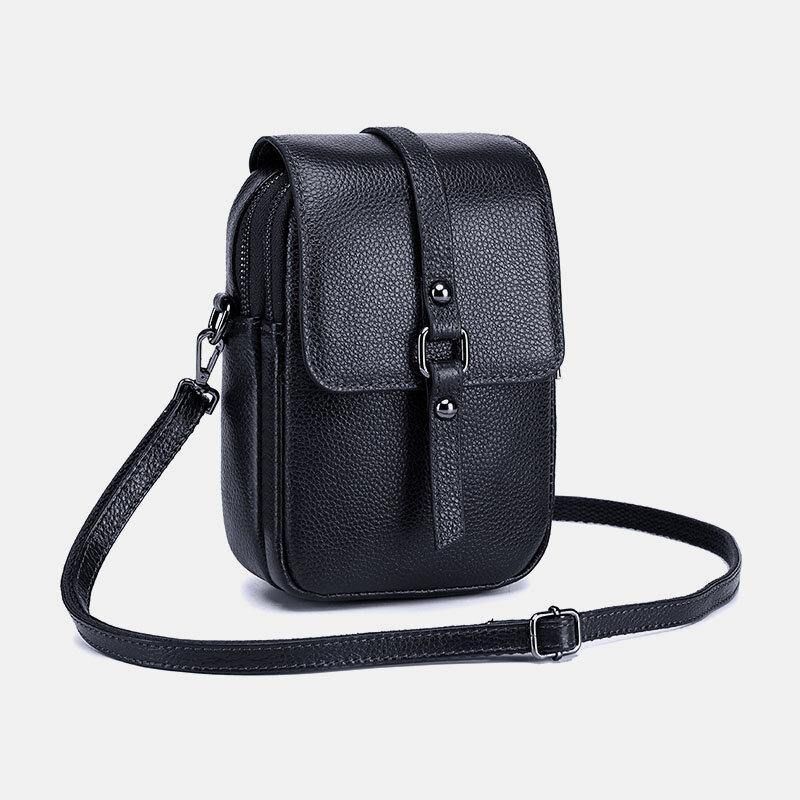 Femmes En Cuir Véritable Décontracté Rétro Multi-couches Trou Pour Écouteurs 6.5 Pouces Sac De Téléphone Sac À Bandoulière