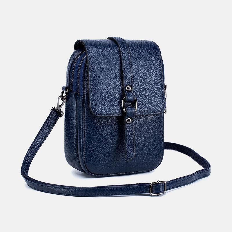 Femmes En Cuir Véritable Décontracté Rétro Multi-couches Trou Pour Écouteurs 6.5 Pouces Sac De Téléphone Sac À Bandoulière