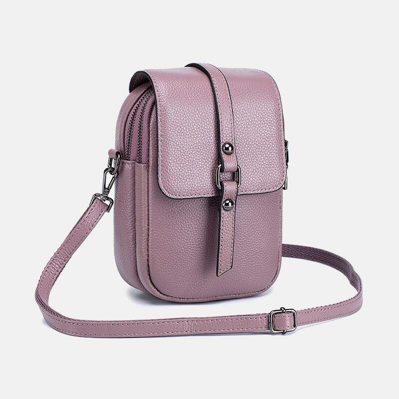 Femmes En Cuir Véritable Décontracté Rétro Multi-couches Trou Pour Écouteurs 6.5 Pouces Sac De Téléphone Sac À Bandoulière