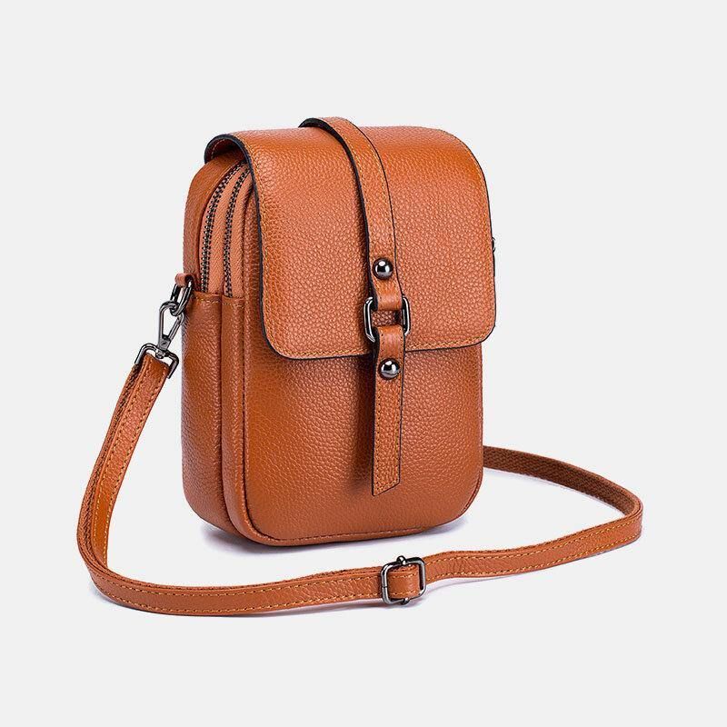 Femmes En Cuir Véritable Décontracté Rétro Multi-couches Trou Pour Écouteurs 6.5 Pouces Sac De Téléphone Sac À Bandoulière