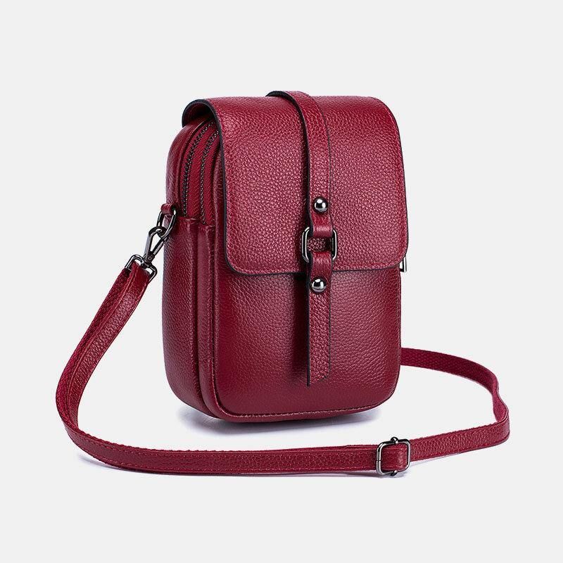 Femmes En Cuir Véritable Décontracté Rétro Multi-couches Trou Pour Écouteurs 6.5 Pouces Sac De Téléphone Sac À Bandoulière