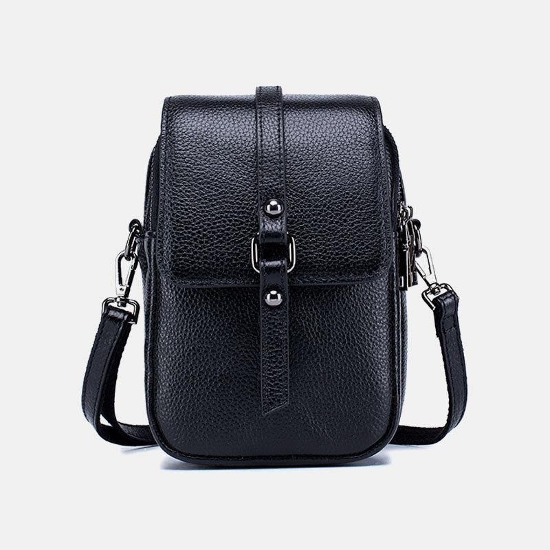 Femmes En Cuir Véritable Décontracté Rétro Multi-couches Trou Pour Écouteurs 6.5 Pouces Sac De Téléphone Sac À Bandoulière