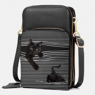 Femmes Faux Cuir Casual Mignon Chat Noir Et Rayures Motif Sac À Bandoulière Réglable Sac À Bandoulière