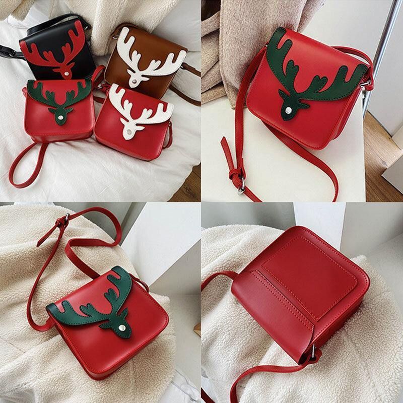 Femmes Faux Cuir Contraste Couleur Noël Elk Motif Petit Sac Carré Sac À Bandoulière Sac À Bandoulière