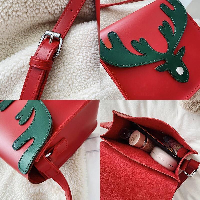 Femmes Faux Cuir Contraste Couleur Noël Elk Motif Petit Sac Carré Sac À Bandoulière Sac À Bandoulière