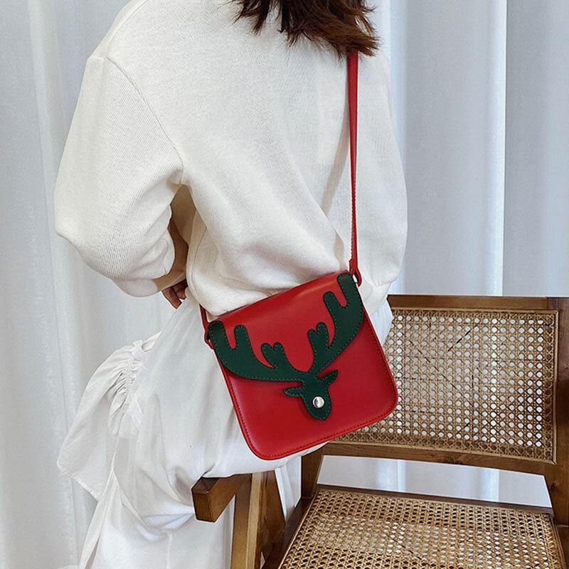 Femmes Faux Cuir Contraste Couleur Noël Elk Motif Petit Sac Carré Sac À Bandoulière Sac À Bandoulière