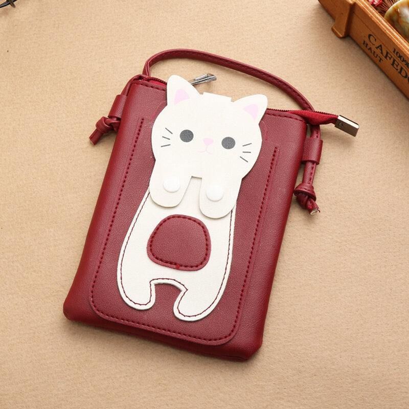 Femmes Faux Cuir Super Mignon Chat Kitty Motif 6.3 Pouces Téléphone Sac Petit Sac De Rangement Sac À Bandoulière