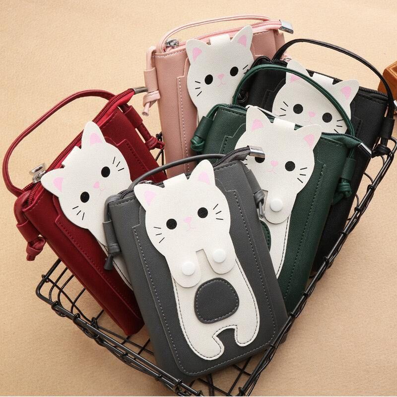 Femmes Faux Cuir Super Mignon Chat Kitty Motif 6.3 Pouces Téléphone Sac Petit Sac De Rangement Sac À Bandoulière