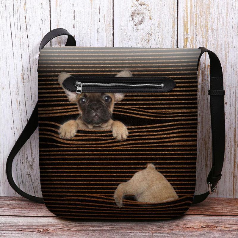 Femmes Feutre Casual Stripe Mignon 3d Chien Motif D'impression Sac À Bandoulière Sac À Bandoulière