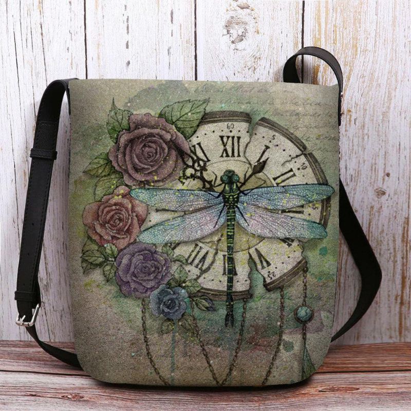 Femmes Feutre Décontracté Vintage 3d Libellule Fleur Impression Motif Sac À Bandoulière Sac À Bandoulière