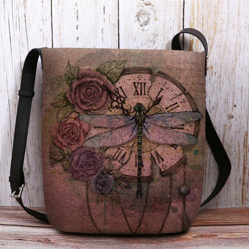 Femmes Feutre Décontracté Vintage 3d Libellule Fleur Impression Motif Sac À Bandoulière Sac À Bandoulière