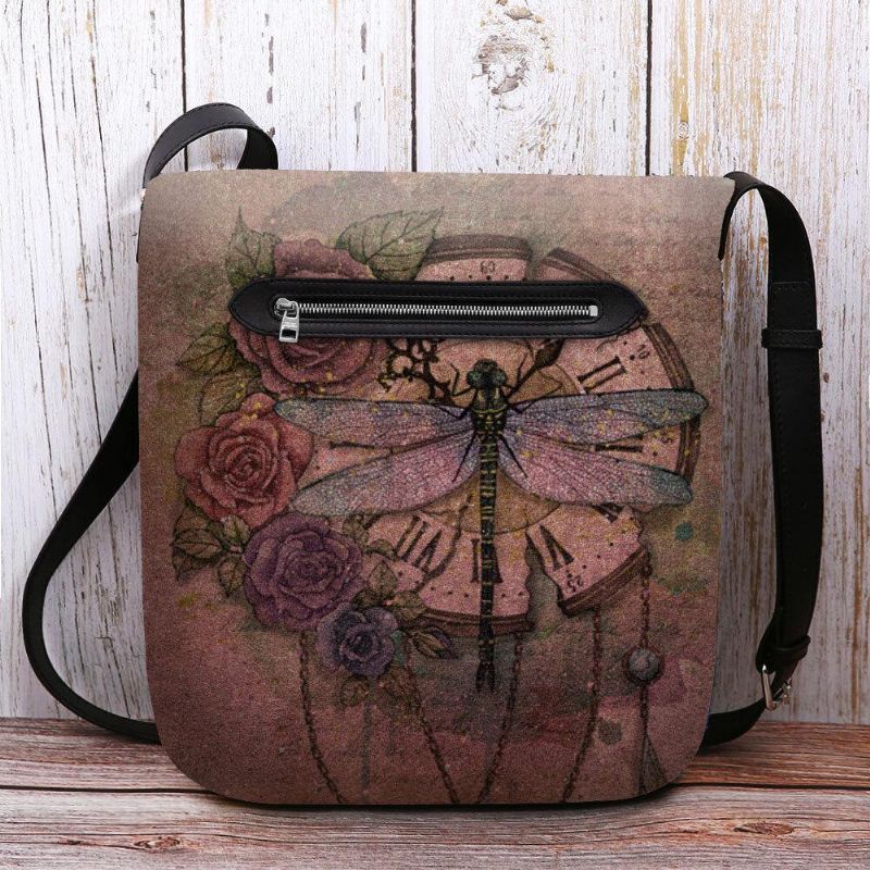 Femmes Feutre Décontracté Vintage 3d Libellule Fleur Impression Motif Sac À Bandoulière Sac À Bandoulière