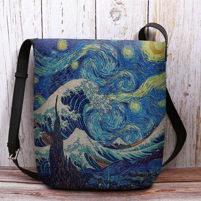 Femmes Feutre Mer Vague Ciel Étoilé Motif Peinture À L'huile Style Imprime Sac À Bandoulière Sac À Bandoulière